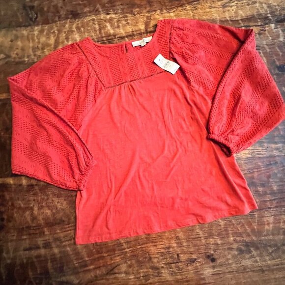 Loft Crochet Detailed Long Sleeve Red Cotton Peasant Blouse XS NWT - Picture 8 of 8
